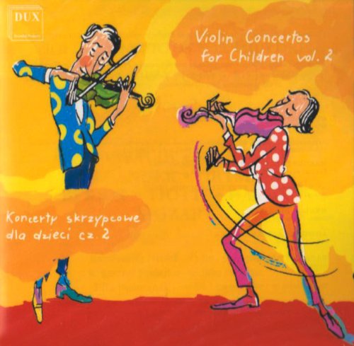 CD cover with colorful illustrations of two people playing violins on yellow background.