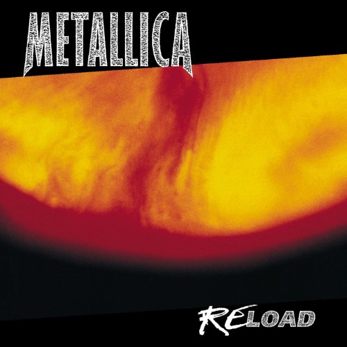 Metallica “Reload” album cover: fiery orange and black abstract design.