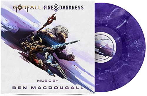 Godfall: Fire & Darkness vinyl soundtrack cover and purple record displayed.