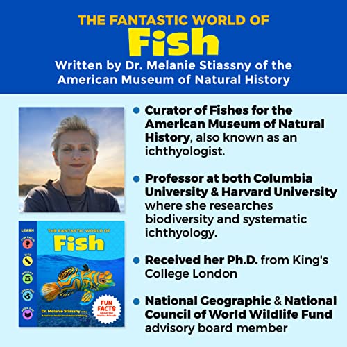 Book cover with author portrait and colorful fish illustrations.