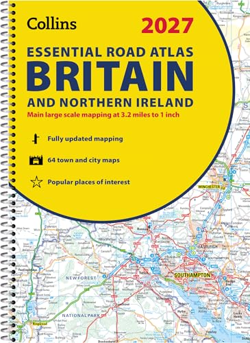 Spiral-bound road atlas of Britain and Northern Ireland, cover showing map detail.