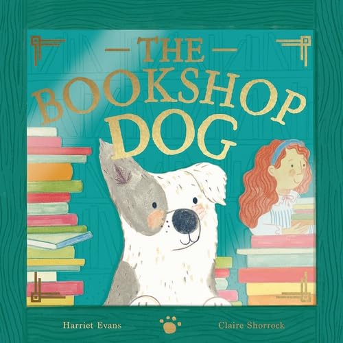 Illustrated book cover featuring a dog and a girl surrounded by stacks of books.