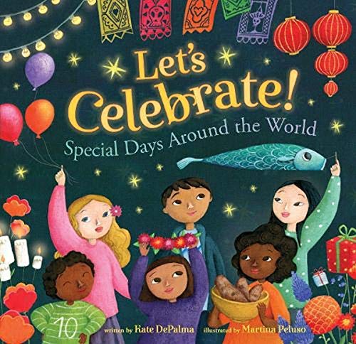 Book cover illustration showing diverse children celebrating with festive decorations against a dark background.
