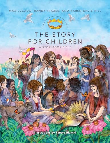 Children’s storybook Bible cover with Jesus and diverse group of people.