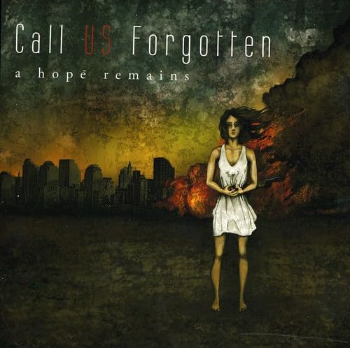 CD cover: woman with glowing heart amidst a burning cityscape.
