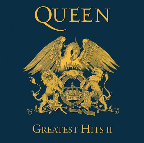 Queen’s “Greatest Hits II” CD cover with golden heraldic crest on navy.