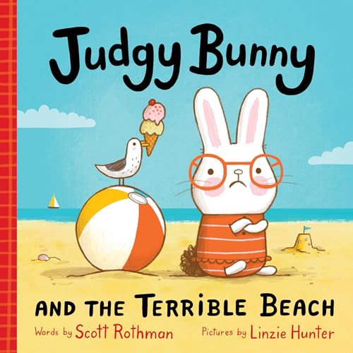 Bunny with glasses, seagull, and beach ball on a sandy beach.