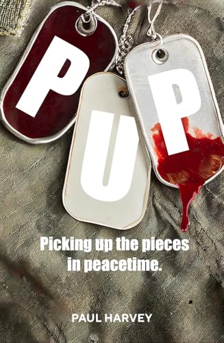 Book cover with dog tags, red paint resembling blood, and title "PUP".