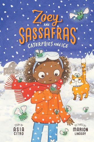 Book cover featuring a girl and a cat in snow surrounded by small caterflies.