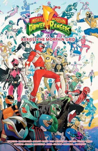Comic book cover featuring many Power Rangers in colorful action poses.