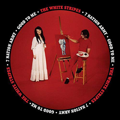 Red vinyl record cover featuring a woman and man with a painting.