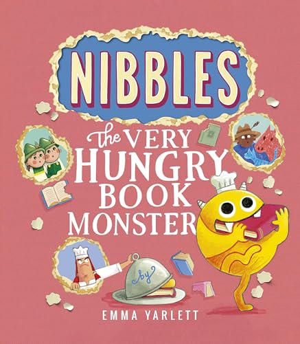 A yellow monster eats a book on the cover of the book Nibbles.