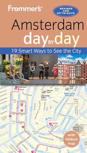 Frommer's Amsterdam day by day" guidebook cover with city map and photos.