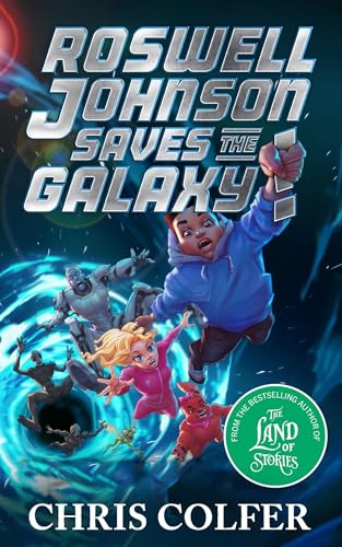 Book cover: boy with friends facing robots in a swirling galaxy.