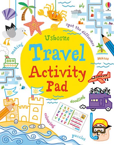 Yellow travel activity pad with colorful illustrations and playful lettering.