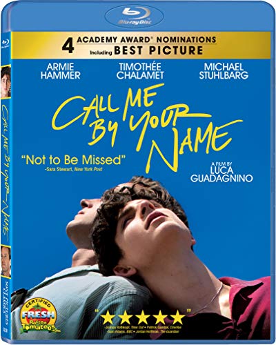 Call Me By Your Name" Blu-ray cover with two men looking at the sky.