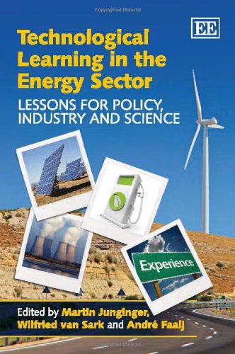 Book cover showing a wind turbine, solar panels, power plant, and road sign.