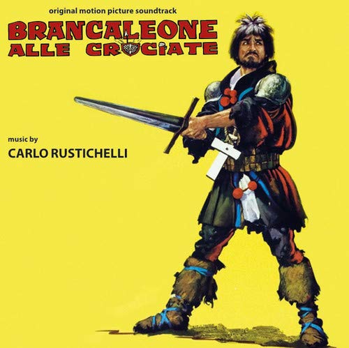 Vinyl cover with a man in medieval armor holding a sword against yellow background.