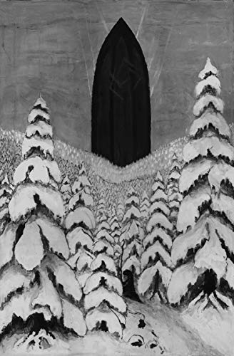 Black and white painting of a snow-covered landscape with a dark archway.