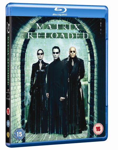 The Matrix Reloaded Blu-ray case featuring Trinity, Neo, and Morpheus in black clothing.
