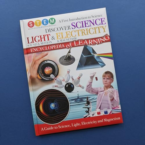 Cover of the STEM book Discover Science: Light & Electricity featuring various scientific imagery.
