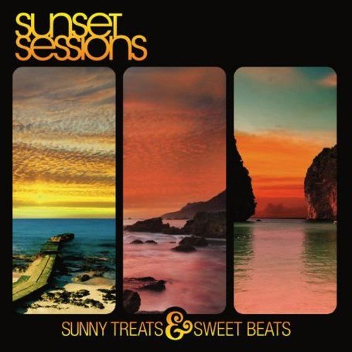 CD cover for "Sunset Sessions" featuring three sunset seascape panels.