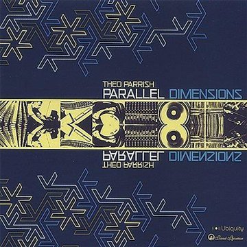 CD cover for Theo Parrish’s “Parallel Dimensions” with abstract blue and gold design.
