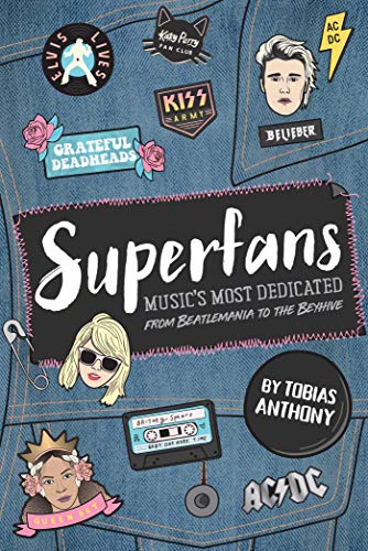 Book cover with patches of music artists and the title "Superfans.