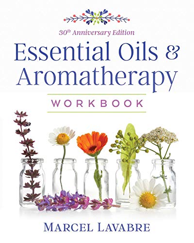 Book cover: "Essential Oils & Aromatherapy Workbook" with floral illustrations.