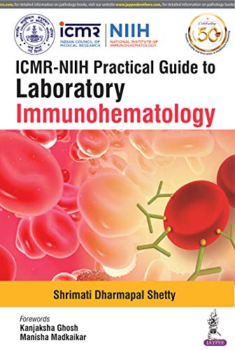 Book cover: "ICMR-NIIH Practical Guide to Laboratory Immunohematology" with red blood cells.