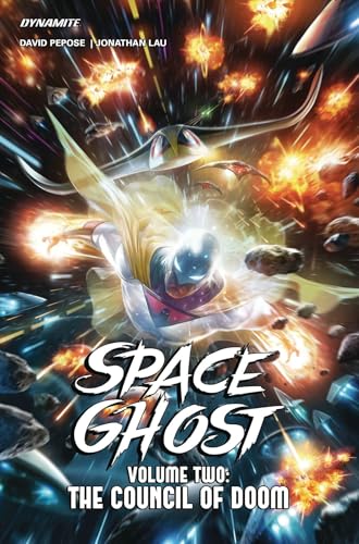 Space Ghost flies amidst cosmic debris and explosions, comic book cover.