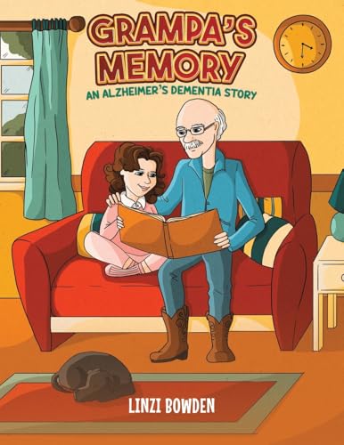 Illustration of a girl reading with her grandfather on a red sofa.