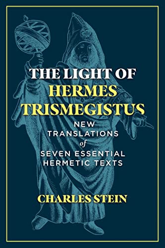 Book cover with a blue background, illustration of Hermes Trismegistus, and white and yellow text.