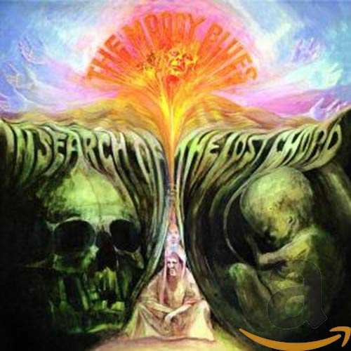 Moody Blues album cover: surreal landscape with figures and glowing text.