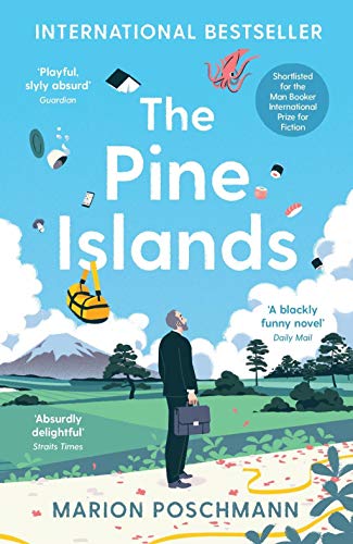 Book cover: "The Pine Islands" with a man, mountains, and floating objects.