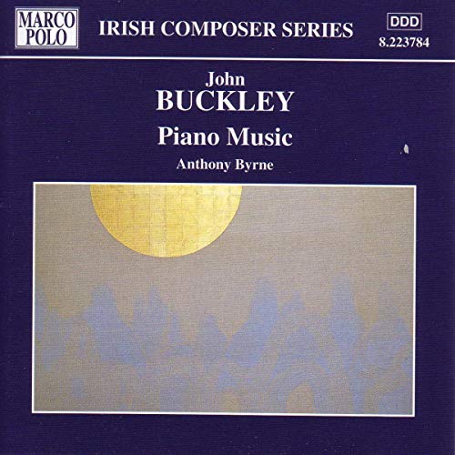 CD cover for John Buckley’s “Piano Music” with abstract gold and blue art.