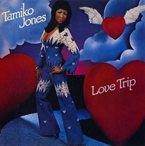 CD cover featuring Tamiko Jones in blue, surrounded by hearts and clouds.