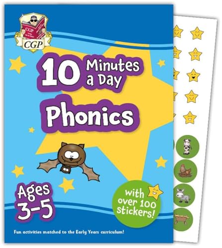 CGP 10 Minutes a Day Phonics workbook for ages 3-5 with a sticker sheet.