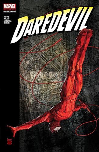 Daredevil in red suit falling against a city backdrop, comic book cover.
