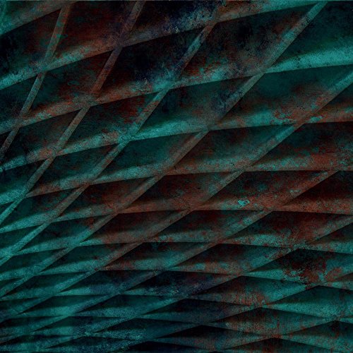 Abstract vinyl record cover with geometric, textured red and teal patterns.