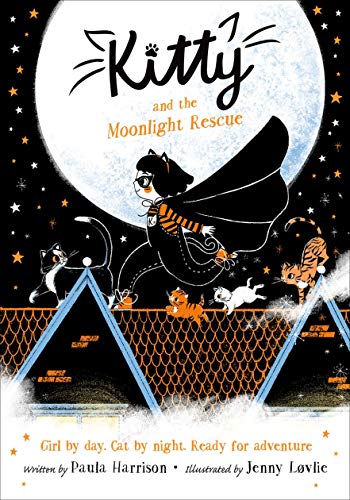 A girl in a cat costume and cape runs across rooftops under a full moon.