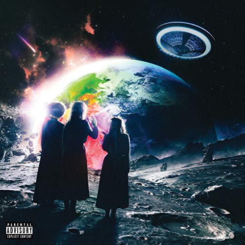 Album cover with Earth, UFO, and silhouetted figures in a lunar landscape.