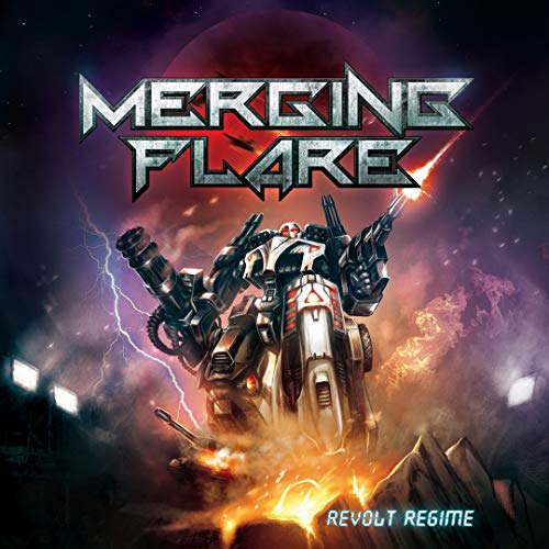 CD cover: robotic figure with weapons against a stormy, fiery background.
