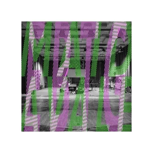 Black and white photo of a studio overlaid with diagonal green and purple stripes.