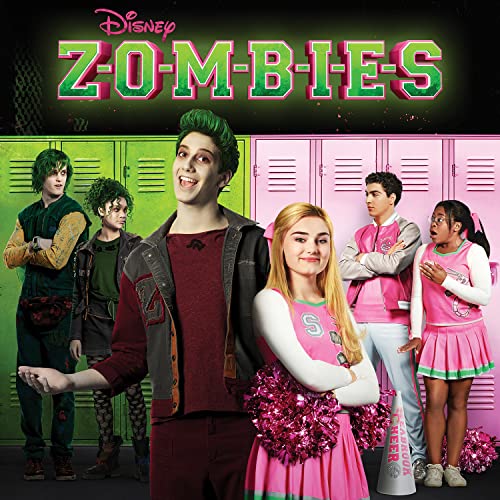 ZOMBIES" CD cover featuring young actors with green and pink color schemes.