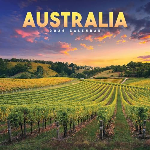 2026 Australia calendar cover with a vineyard landscape at sunset.