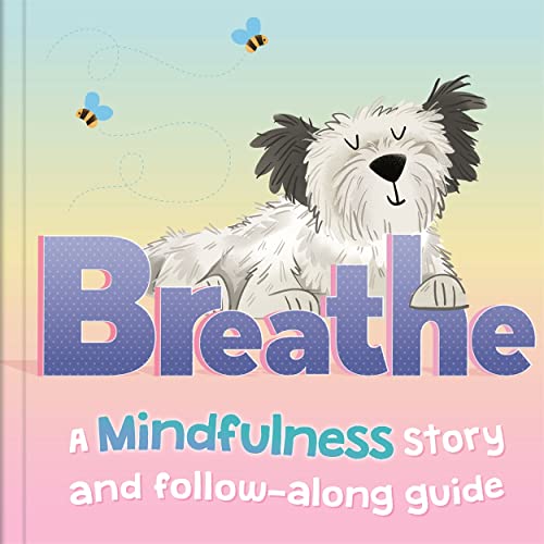 A fluffy white dog with black ears rests behind the large purple title Breathe.