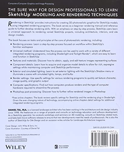 Book cover: "Rendering in SketchUp" by Daniel Tal, with text and logos.