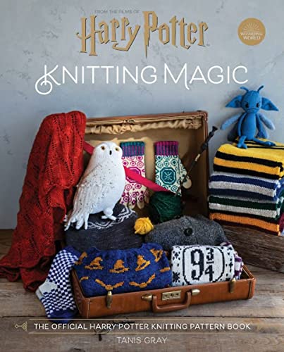 Harry Potter knitting pattern book cover with knitted items and Hedwig.