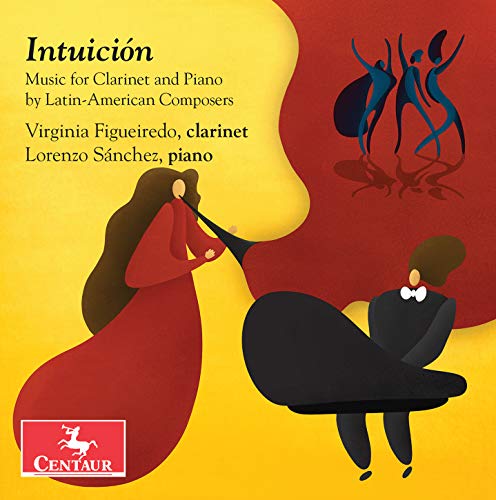 CD cover for "Intuición" featuring illustrated musicians and abstract shapes.